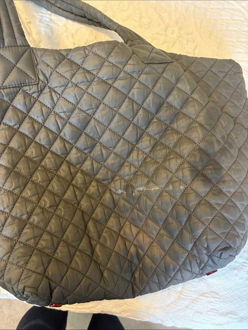 MZ Wallace Quilted Tote in Olive Gray with Tan Trim